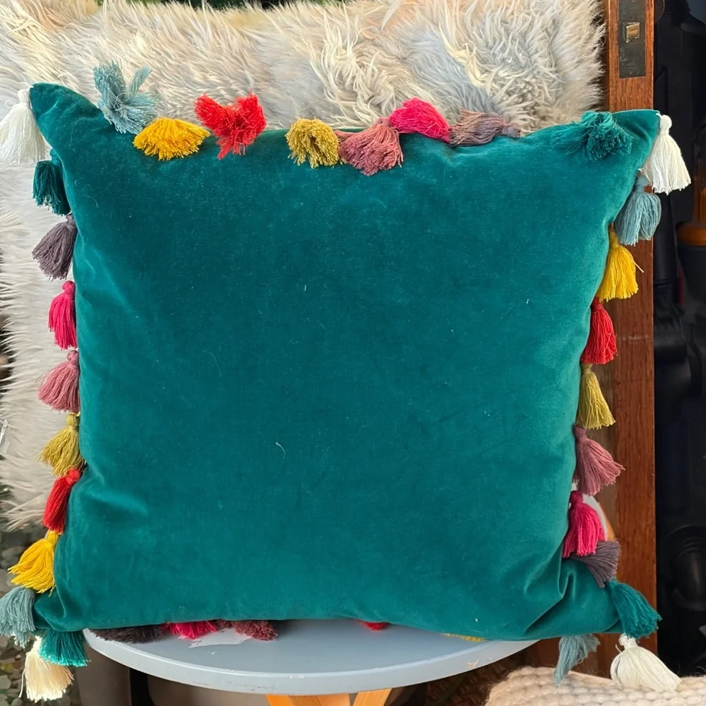 Anthropologie Green Velvet Tassel Throw Accent Pillow Down Insert 18 x 18 EUC